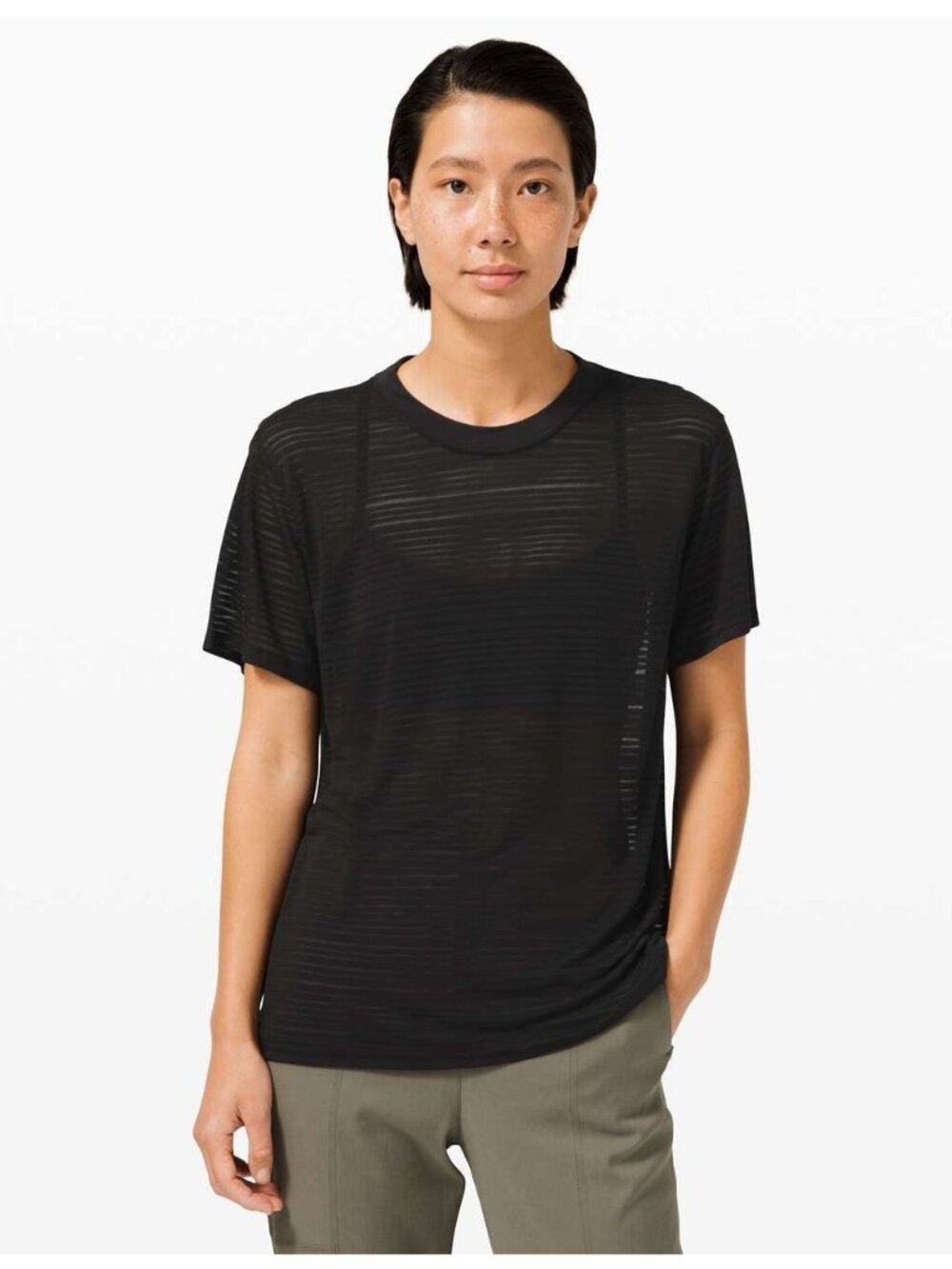 Lululemon All yours Boyfriend Tee Black Sheer Striped Knit Tshirt